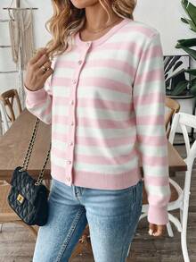 SHEIN Women's Casual Contrast Color Striped Long Sleeve Cardigan, Autumn/Winter - Multicolor - View 4