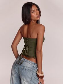 SHEIN BAE Women's Summer Elegant Lace Trim Bandeau Top - Army Green - View 2