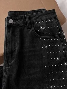 Comfortcana Plus Size Women's Street Hip Hop Rhinestone Button Denim Jeans - Black - View 4