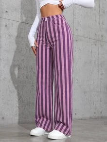 SHEIN ICON 女款條紋高腰口袋寬腿寬鬆牛仔褲 - 彩色 - 查看 4