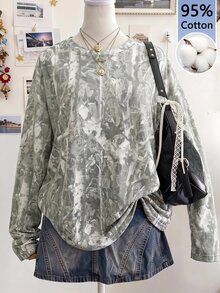 SHEIN EZwear 乾葉植物印花圓領長袖寬鬆版型T恤，適合秋季，學院風 - 彩色 - 查看 1