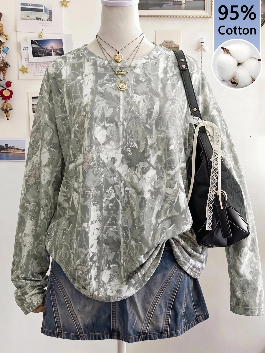 SHEIN EZwear 乾葉植物印花圓領長袖寬鬆版型T恤,適合秋季,學院風 - 彩色 - 查看 1