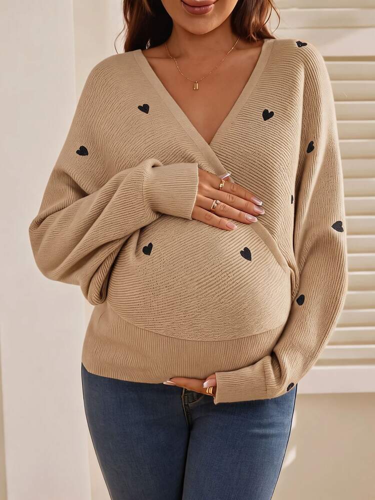 SHEIN Maternity Heart Pattern V-Neck Casual Everyday Formal Long Sleeve Sweater Babyshower Formal Autumn - Apricot - View 1