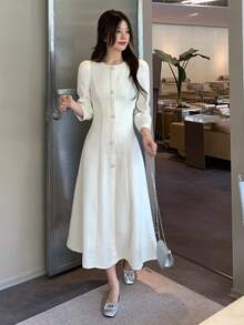 DAZY Women's Round Neck Tie-Front Elegant Long Dress Fall - White - View 8
