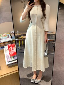 DAZY Women's Round Neck Tie-Front Elegant Long Dress Fall - White - View 7