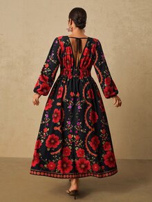Travachic Plus Size Women's Black & Red Floral Print Long Dress, Long Sleeve V-Neck Front Slit Romantic Dress - Black - View 2