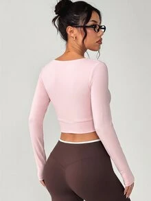 SHEIN Dewbera Solid Color Slim Fit Cropped Long Sleeve Sports T-Shirt - Pink - View 2