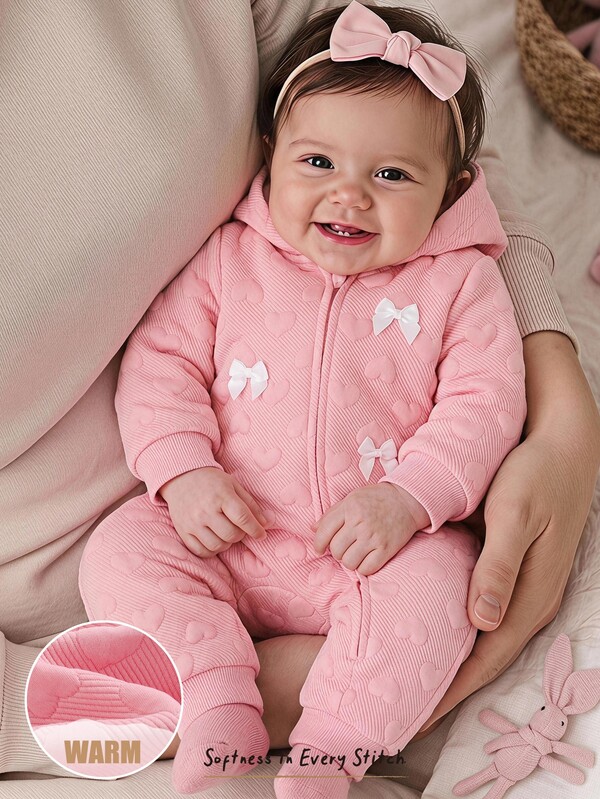 Cozy Pixies Baby Girl Baby Girl Newborn Baby Girl Knitted Textured Heart Pattern Contrast Color Bow Soft Hooded Long Sleeve Romper
