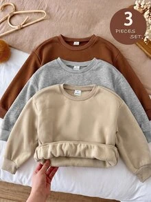 SHEIN LMoss Kids 女童 3 件組針織純色圓領寬鬆休閒秋季運動衫套裝 - 棕色 - 查看 4