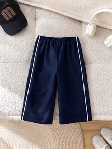 兒童 1 件小男孩休閒運動直筒長褲，百搭時尚、柔軟舒適，附抽繩與腰部繫帶，適合日常穿著 - 藏蓝色 - 查看 2
