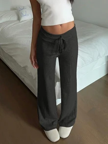 SHEIN EZwear 女款保暖內裡粉色舒適長褲，適合秋冬穿著 - 深灰色 - 查看 3