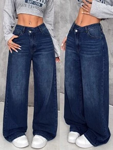 SHEIN PETITE 女款不對稱腰頭口袋寬腿鬆垮休閒街頭風 Y2K 90S 牛仔牛仔褲 校園日常校外穿搭 深藍色 秋季 海軍藍 夏季 - 中等水洗藍 - 查看 8