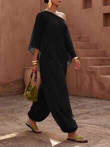 Zivah Women's Summer Solid Color Asymmetrical Shoulder Asymmetrical Hem Top And Jogger Pants Casual Set - Black - View 6