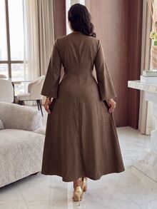 Dripcurv Plus Size Versatile Fashion Metal Decor Pleated Dress Fall - Brown - View 2