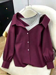 GlowEve CURVE Women's Casual Soft Form Patchwork Contrast Color Asymmetrical Collar Long Sleeve Shirt Office Formal Burgundy Grey Autumn - Burgundy - View 3