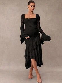MaterniChic Elegant Solid Color Lace Ruffle Maternity Party Dress Fall - Black - View 2