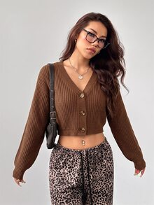 SHEIN PETITE 白色燈籠袖前開扣羅紋針織開襟衫，秋冬露肩毛衣 - 咖啡棕 - 查看 8
