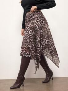 Maija Rok Plus Size Motif Leopard dengan Hem Asimetris untuk Musim Gugur, Cocok untuk Pesta, Ulang Tahun, Acara Malam, Warna Beige, Seksi, Bisnis, Kasual. - MultiWarna - View 4