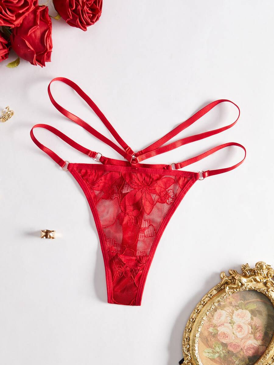 SHEIN 1pc Women's Sexy Lace Thong With Thin Straps - Red - View 1