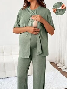 Slowluna 孕婦純色短袖開衩下擺T恤與長褲休閒哺乳兩件套 - 綠色 - 查看 5