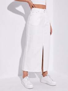 SHEIN ICON Casual Versatile Solid Color Split Hem Denim Skirt - White - View 1