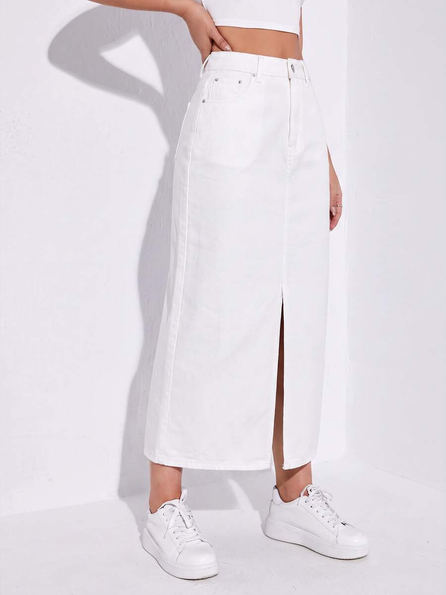 SHEIN ICON Casual Versatile Solid Color Split Hem Denim Skirt - White - View 1