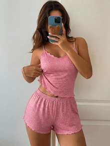 DAZY 2件組甜美碎花無袖背心上衣與短款睡褲女款睡衣套裝 - 粉色 - 查看 5