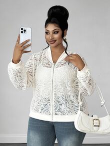 Maweii Plus Size Women's Casual Commute Elegant Hollow Lace Long Sleeve Jacket, Autumn Fall - Apricot - View 6