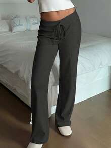 SHEIN EZwear 女款保暖內裡粉色舒適長褲，適合秋冬穿著 - 深灰色 - 查看 1