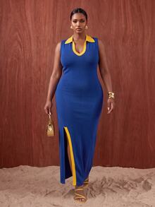 Slaydiva Spring/Summer Women's Plus Size New Bold, Classy Feminine Style Tummy Control Fit Breathable Elegant Romantic Classic Deep Blue & Orange Contrast Deep V Polo Neck High Slit Knit Dress - Multicolor - View 4