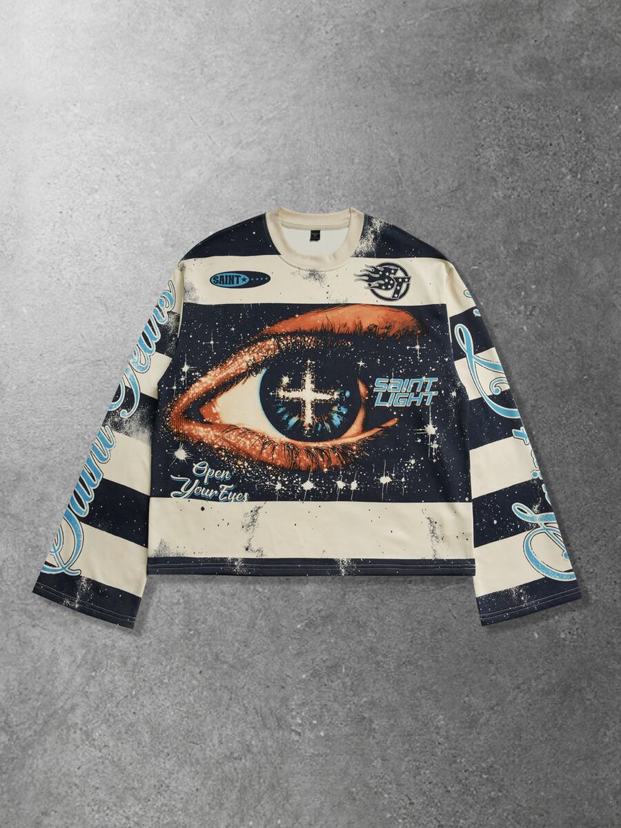 ROMWE MEN Street Life Casual Round Neck Printed T-Shirt, Long Sleeve Top, Street Style, Spring/Autumn - Multicolor - View 1