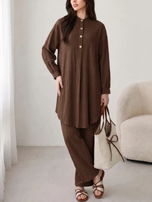 Solavon Women's Solid Color Shirt And Pants Arabic Costume Set - Coffee Brown - View 7