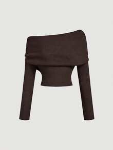 SHEIN MOD Women's Casual Solid Color Off-Shoulder Sweater, Autumn/Winter - Brown - View 2