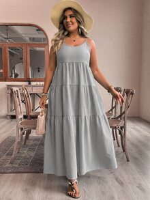 SHEIN VCAY Plus Size Women's Striped Ruffle Hem Cami Dress For Vacation - Royal Blue - View 6
