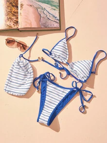 Aralina VACAY TEXTURE STRIPE TRI SLIDER BIKINI SET - Blue and White - View 4