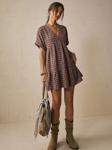 Freevana Plaid Batwing Sleeve Ruffle Hem Loose Dress, Beach Dress, Vacation Bohemian Style, Summer Dresses - Coffee Brown - View 6