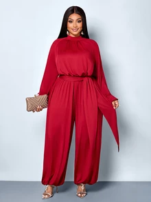 SOLERSUN Jumpsuit Ukuran Besar Model Halter Neck Lengan Panjang Berkerut dengan Celana Panjang Lebar Berlipit di Pinggang, Nuansa Santai Liburan Pantai Warna Burgundy untuk Musim Gugur - Burgundy - View 6