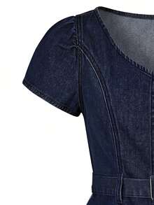 Elenzga Atasan Denim Wanita Elegan dengan Hiasan Ruffle dan Sabuk Pinggang - Dark Wash - View 3