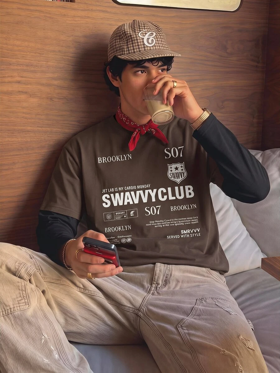 SWAVVY 男士針織時尚休閒青年款寬鬆長袖T恤,英文字印花拼接設計 - 彩色 - 查看 1