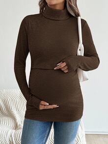 SHEIN 孕婦純色哺乳功能休閒日常穿著上衣 - 棕色 - 查看 12