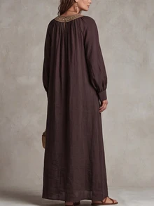 SHEIN Women's Long Round Neck Loose Straight Vintage Long Sleeve Robe Dress - Coffee - View 3