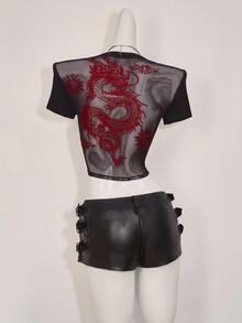 SHEIN ICON Spring/Summer Printed Short Sleeve T-Shirt, Blending Grunge Style With Fashionable Sexy Elements, Featuring Dragon Print And Flocked Mesh Patchwork Design, Suitable For Casual Outfits - Red and Black - View 5