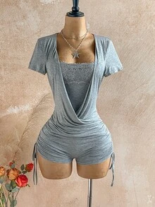 Soleia Women's Plus Size Lace Cowl Neck Pleated Sexy Romper - Dark Grey - View 6