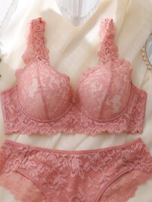 DelicateAllure 2 Peças Conjunto de Lingerie Feminina com Aro, Copo Moldado, Confortável, Balconette, Push Up, Alto Suporte, Renda e Patchwork, Rosa - Rosa chiclete - Visão 7