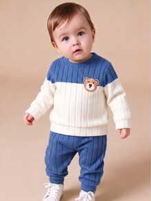 SHEIN Playful Pals 柔軟刷毛布料熊刺繡圖案對比色男嬰休閒套裝 - 藍色 - 查看 6