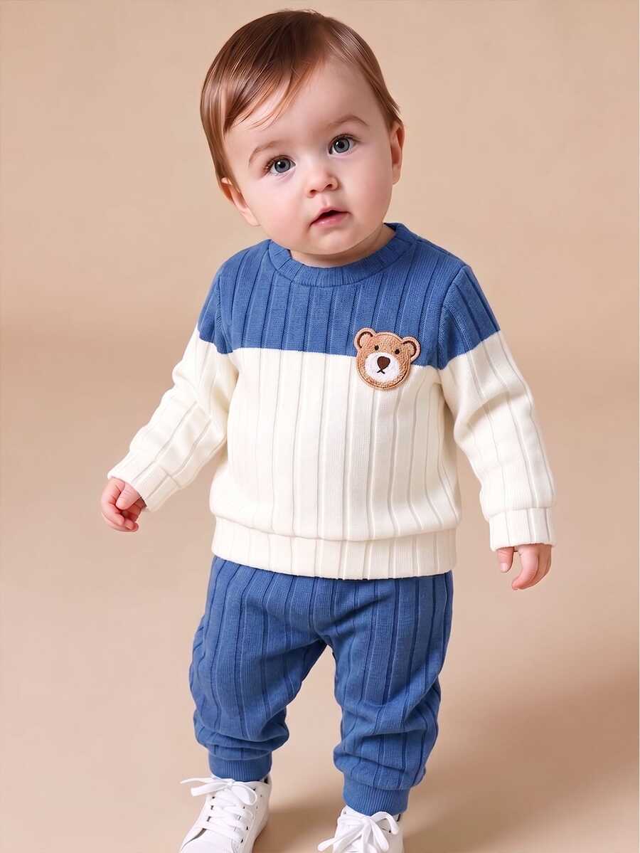 SHEIN Playful Pals Soft Brushed Fabric Bear Embroidery Pattern Contrast Color Baby Boy Casual Set - Blue - View 1