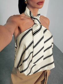 Hauture Women's Sexy Casual Office Night Out Brunch Black And White Striped Necktie Design Halter Neck Elastic Back Top Summer - Multicolor - View 1