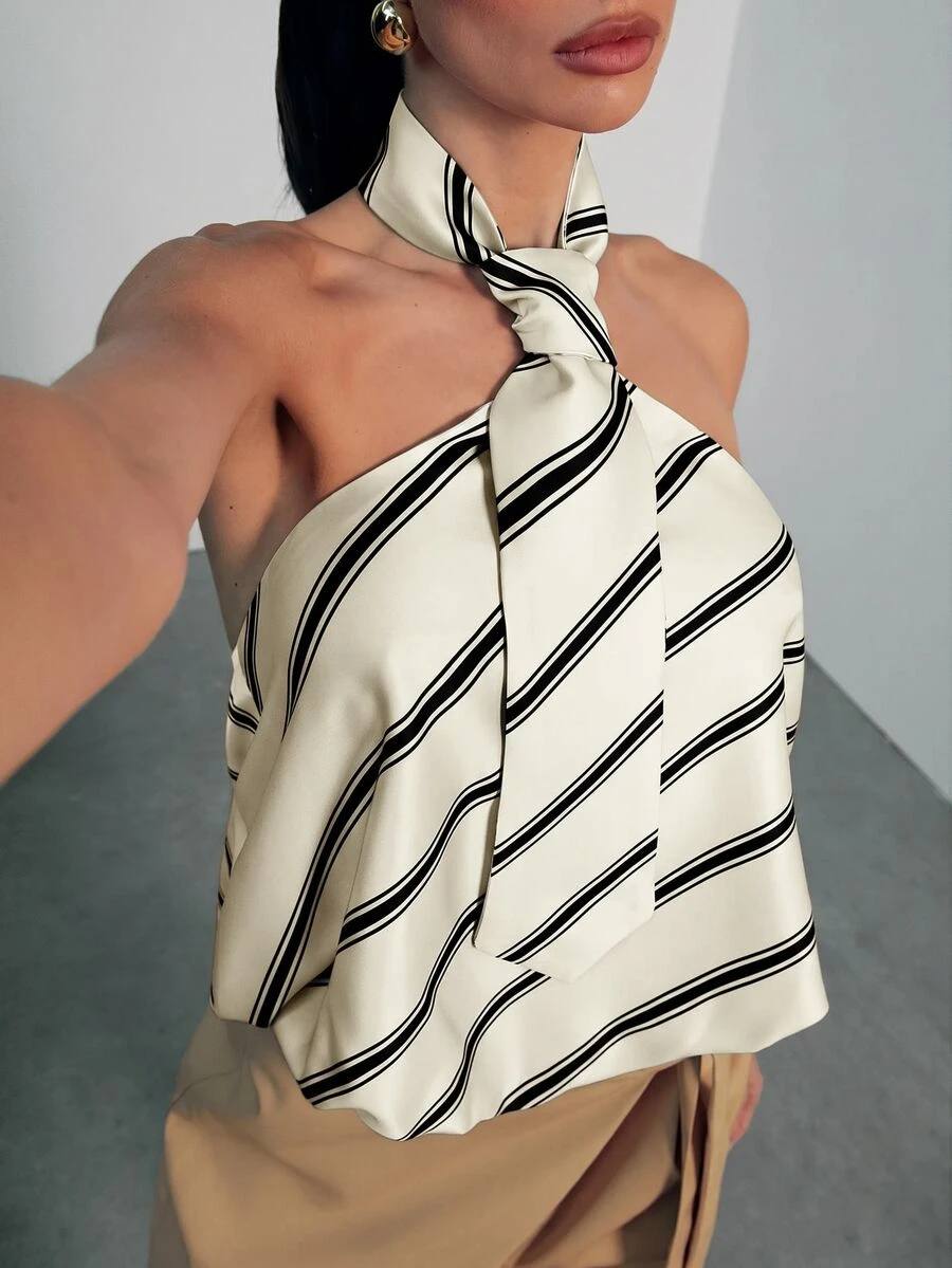 Hauture Women's Sexy Casual Office Night Out Brunch Black And White Striped Necktie Design Halter Neck Elastic Back Top Summer - Multicolor - View 1