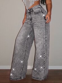 SHEIN PETITE Women's Casual Versatile Daily Travel Denim Jeans With Pockets, Buttons And Rhinestones - Light Grey - View 6