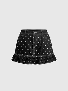 Sweetness Cute Vintage Cow-Print Heart Pattern Pink Embroidered Text Women's Skirt - Black - View 1